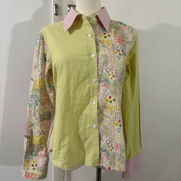 FlatIron Workshop Button-Up Top Sz 3 Long Sleeve Green Pink Trees Stripe Preppy - Picture 1 of 14